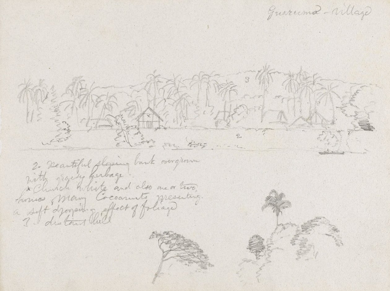 Tegning. Skisser. Landsbyen Guarumo, sannsynligvis i Colombia. av Frederic Edwin Church