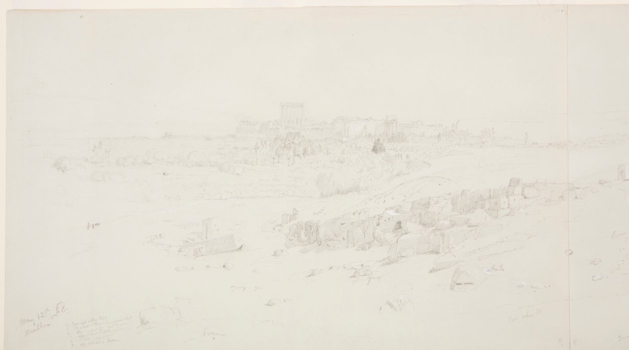 Tegning, templer om morgenen, Baalbek, 12. mai 1868 av Frederic Edwin Church