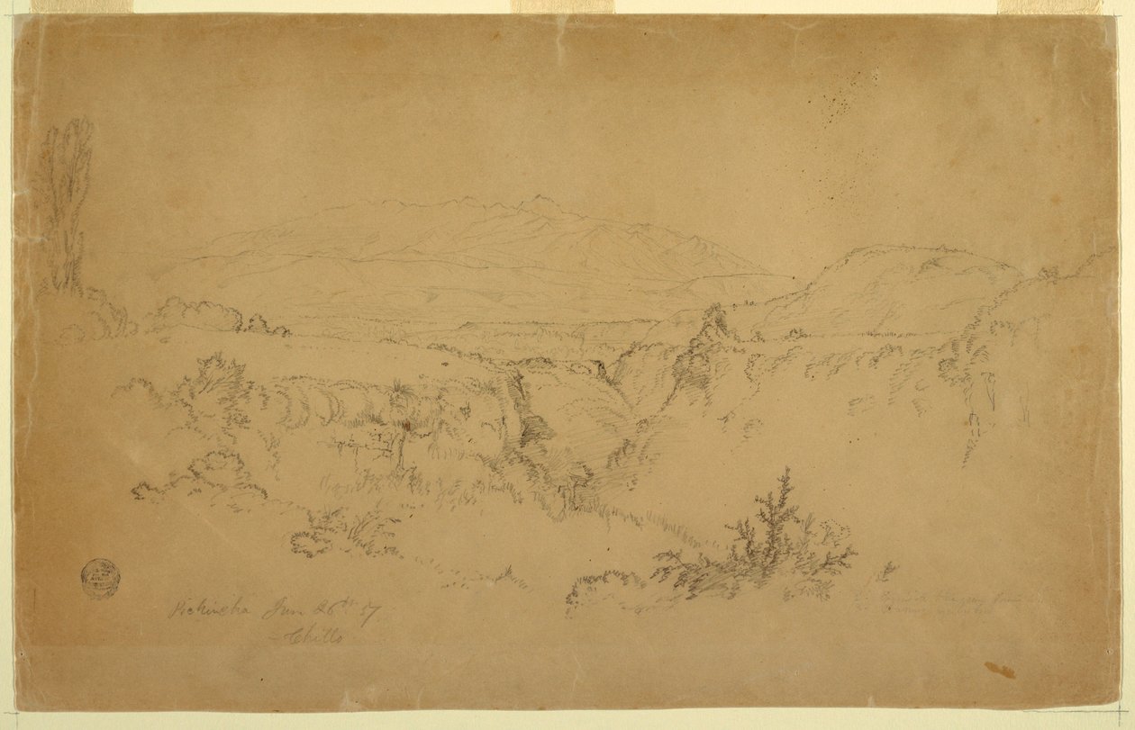 Tegning, utsikt over Mount Pichincha fra Chillo, Ecuador, 26. juni 1857 av Frederic Edwin Church