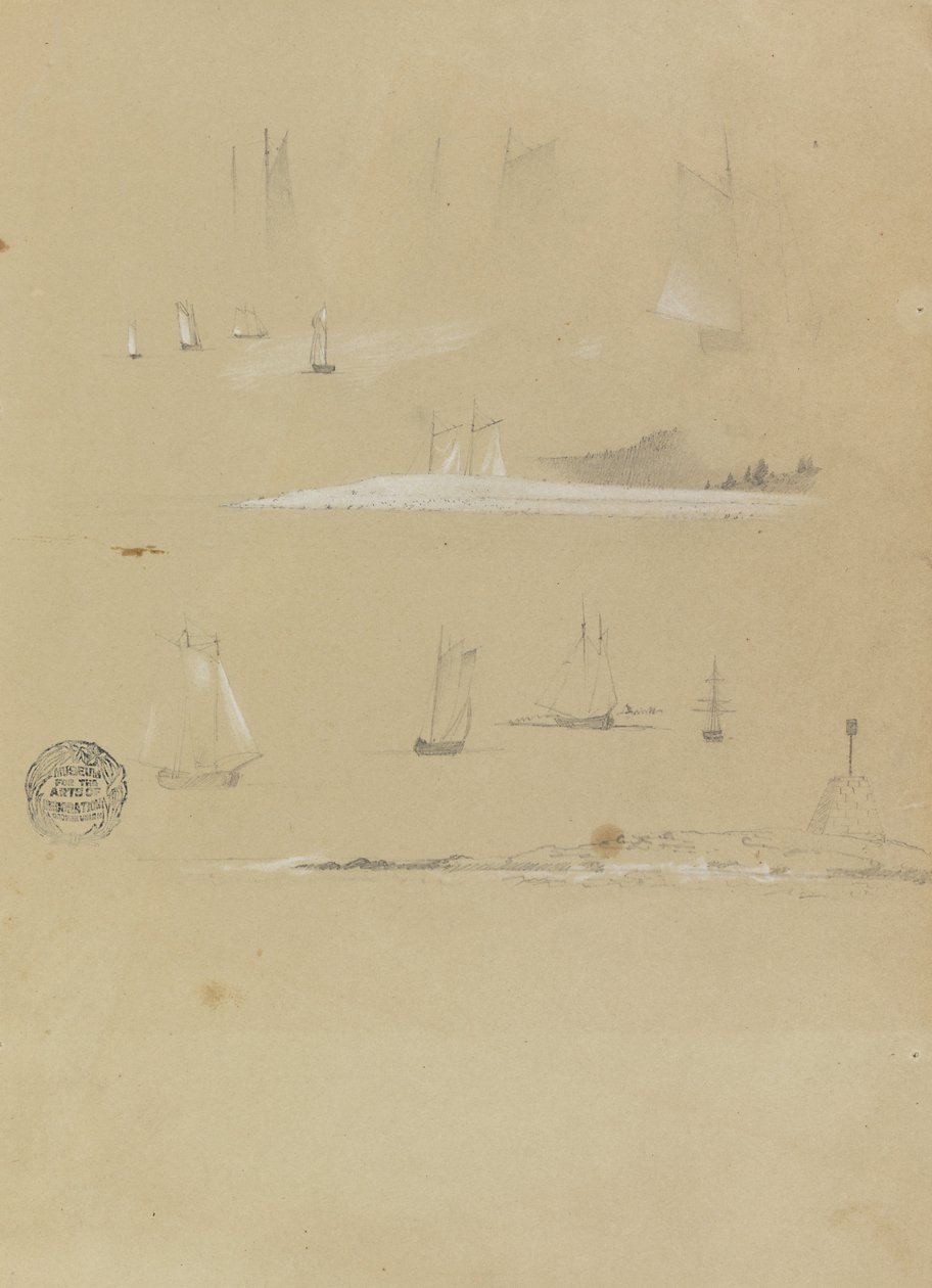 Studier av seilskip og kystlandskap av Frederic Edwin Church