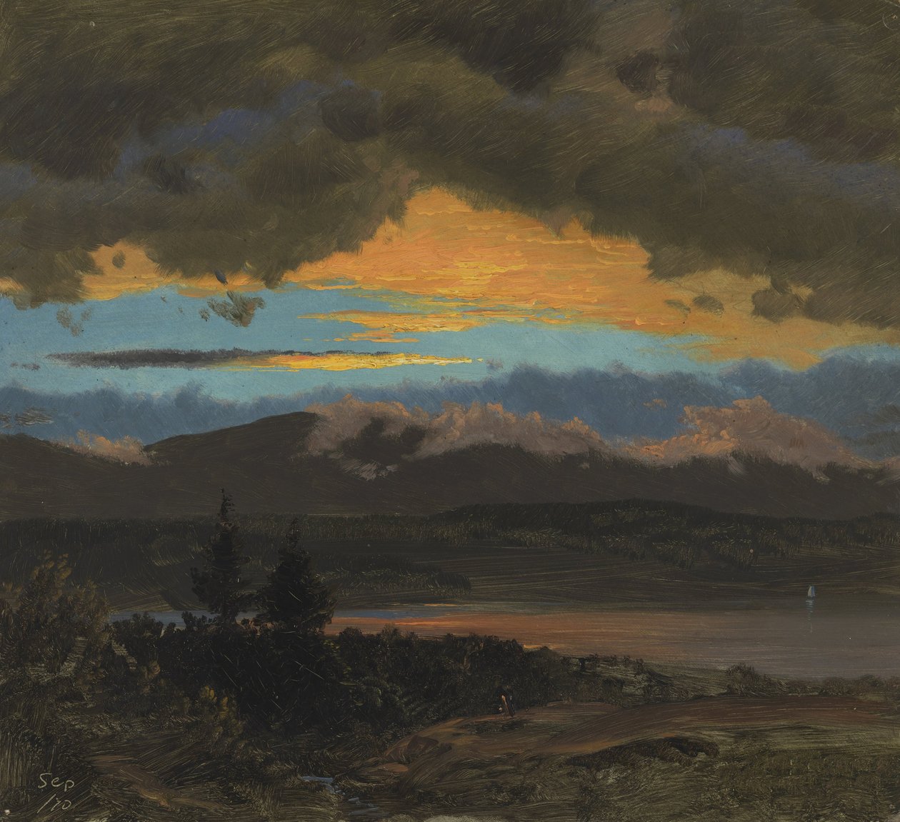 Solnedgang over Hudson Valley, New York av Frederic Edwin Church