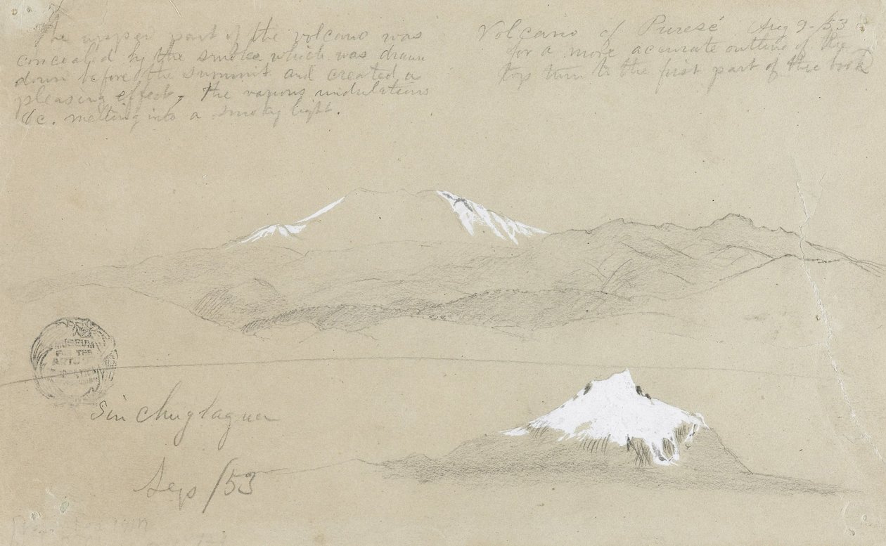 Utsikt over vulkanen Puresé, Colombia og Sincholagua -fjellet, Ecuador av Frederic Edwin Church