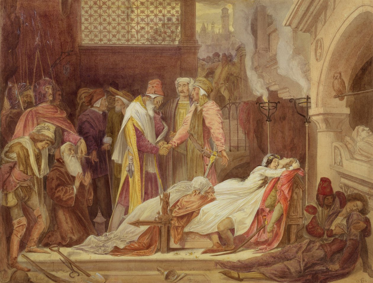 The Reconciliation of the Montagues and the Capulets, ca. 1854 (wc, kroppsfarge og tyggegummi over grafitt på papir) av Frederic Leighton