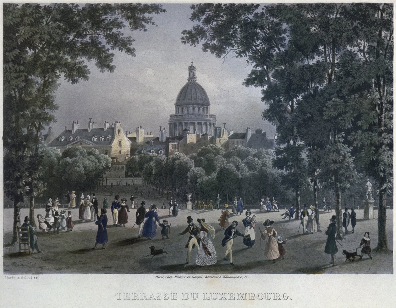 Jardin du Luxembourg, gravert av Frederic Martens (1809-75) 1832 (fargegravering) av Frederic Martens