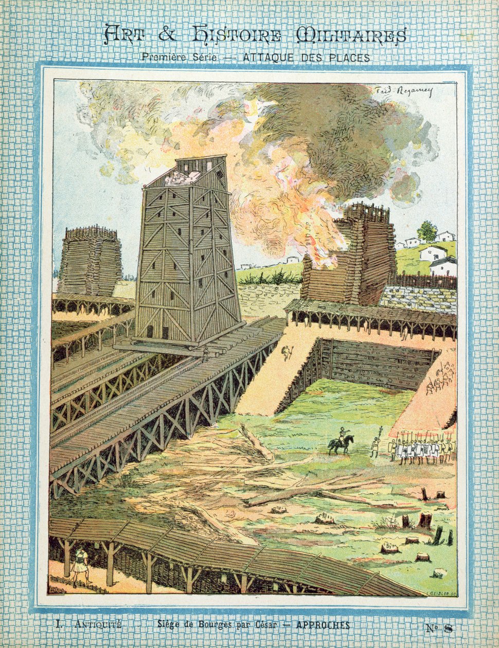 Beleiringen av Bourges under invasjonen av Gallia av Julius Caesar (100-44 f.Kr.) fra et beskyttende omslag for skolebøker, sent på 1800-tallet av Frederic Regamey