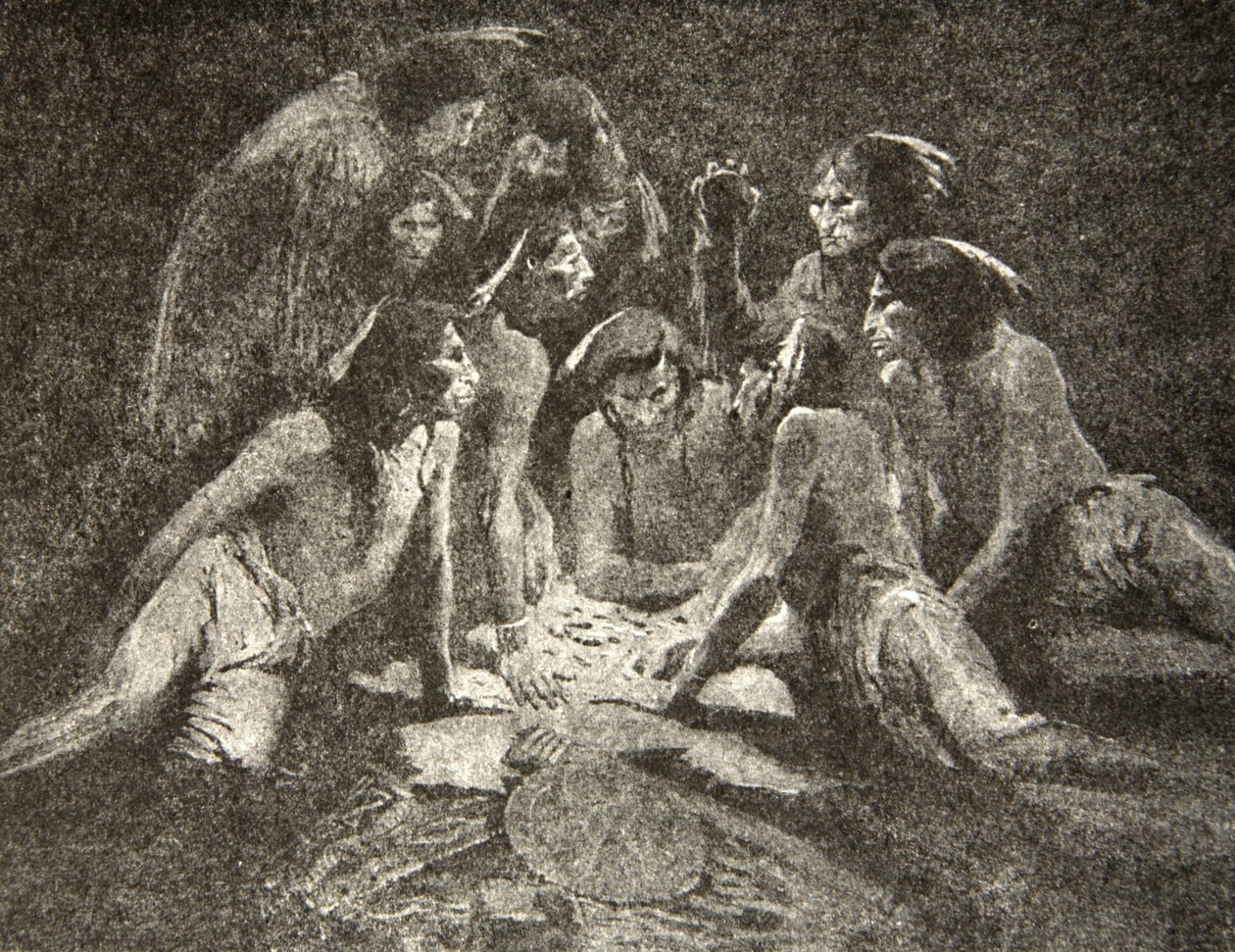 Alle de gamle og de unge mennene... Spilt til midnatt, spilt til morgen, fra The Song of Hiawatha av Henry Wadsworth Longfellow (1807-82), pub. av George G. Harrap und Company Ltd., 1911 av Frederic Remington