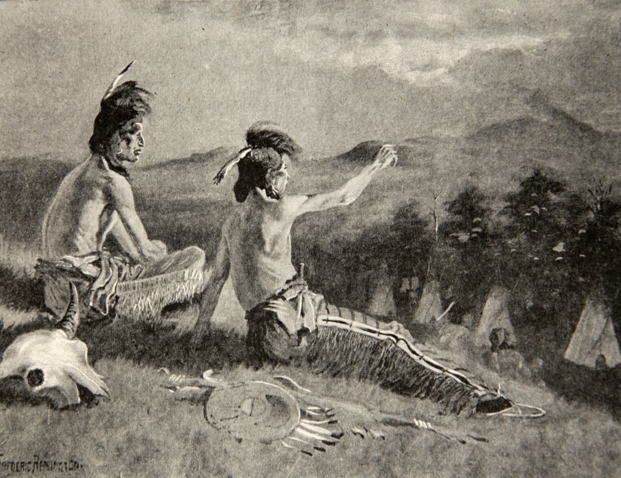 Alle stammene så signalet, Så den fjerne røyken stige opp, fra The Song of Hiawatha av Henry Wadsworth Longfellow (1807-82), pub. av George G. Harrap und Company Ltd., 1911 av Frederic Remington