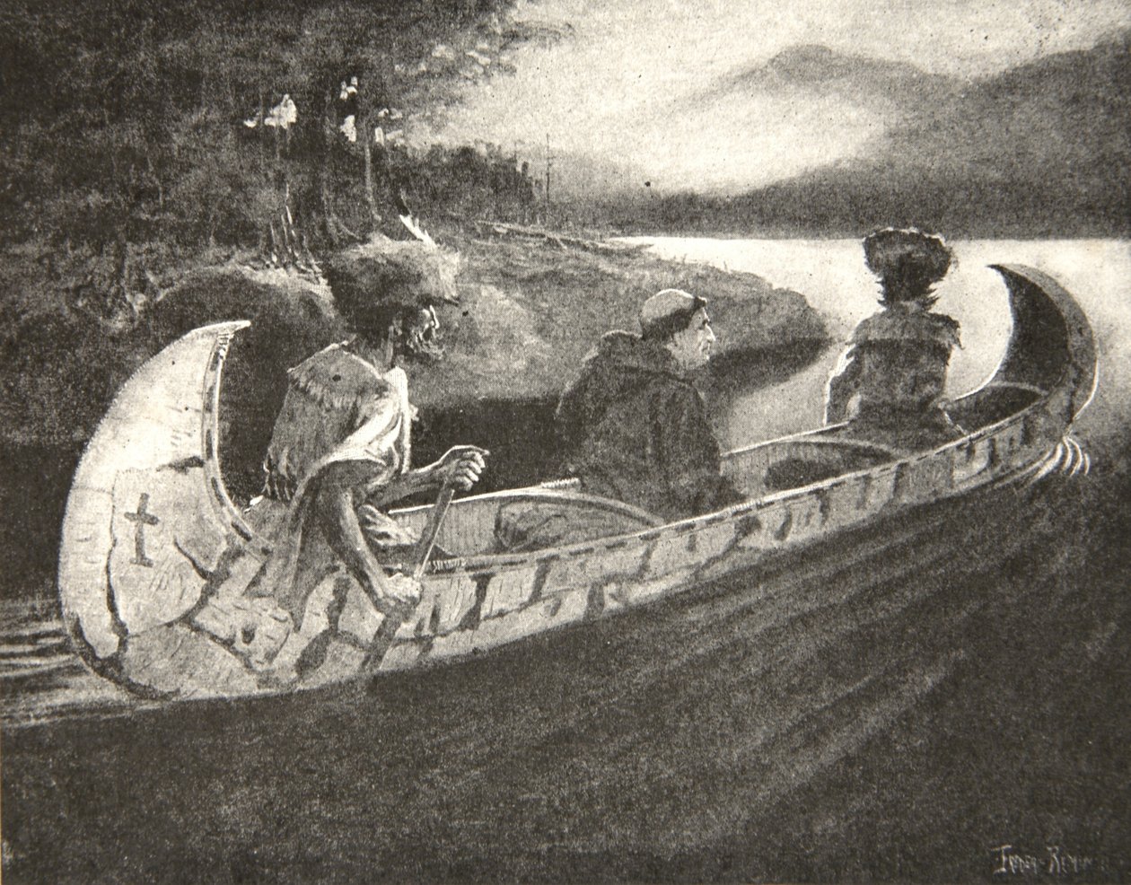 Kom Black-Robe-sjefen,... the Pale-face, med sine guider og hans følgesvenner, fra The Song of Hiawatha av Henry Wadsworth Longfellow (1807-82), pub. av George G. Harrap und Company Ltd., 1911 (litho av Frederic Remington