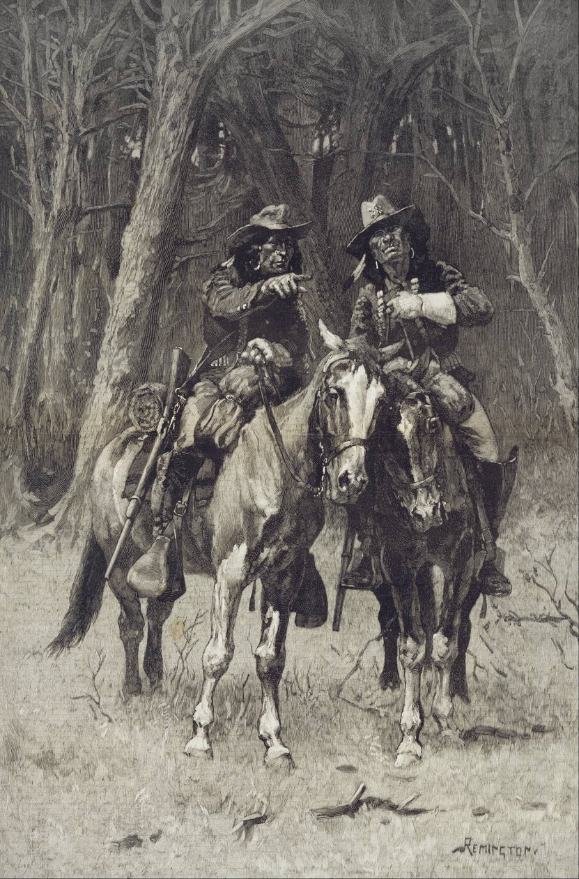 Cheyenne -speidere patruljerer det store tømmeret i Nord -Canada, Oklahoma av Frederic Remington
