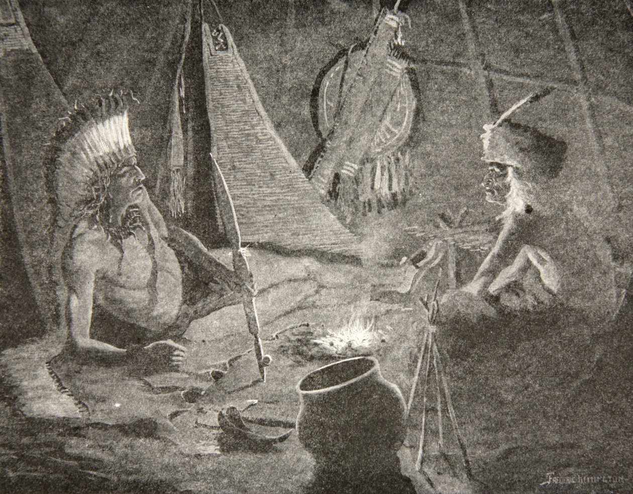 Fra posen sin trakk han fredspipen sin,... Ga den til gjesten sin, den fremmede, fra The Song of Hiawatha av Henry Wadsworth Longfellow (1807-82), pub. av George G. Harrap und Company Ltd., 1911 av Frederic Remington
