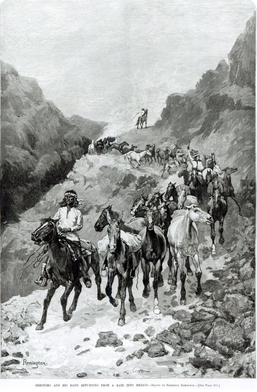 Geronimo og bandet hans vender tilbake fra et raid til Mexico av Frederic Remington
