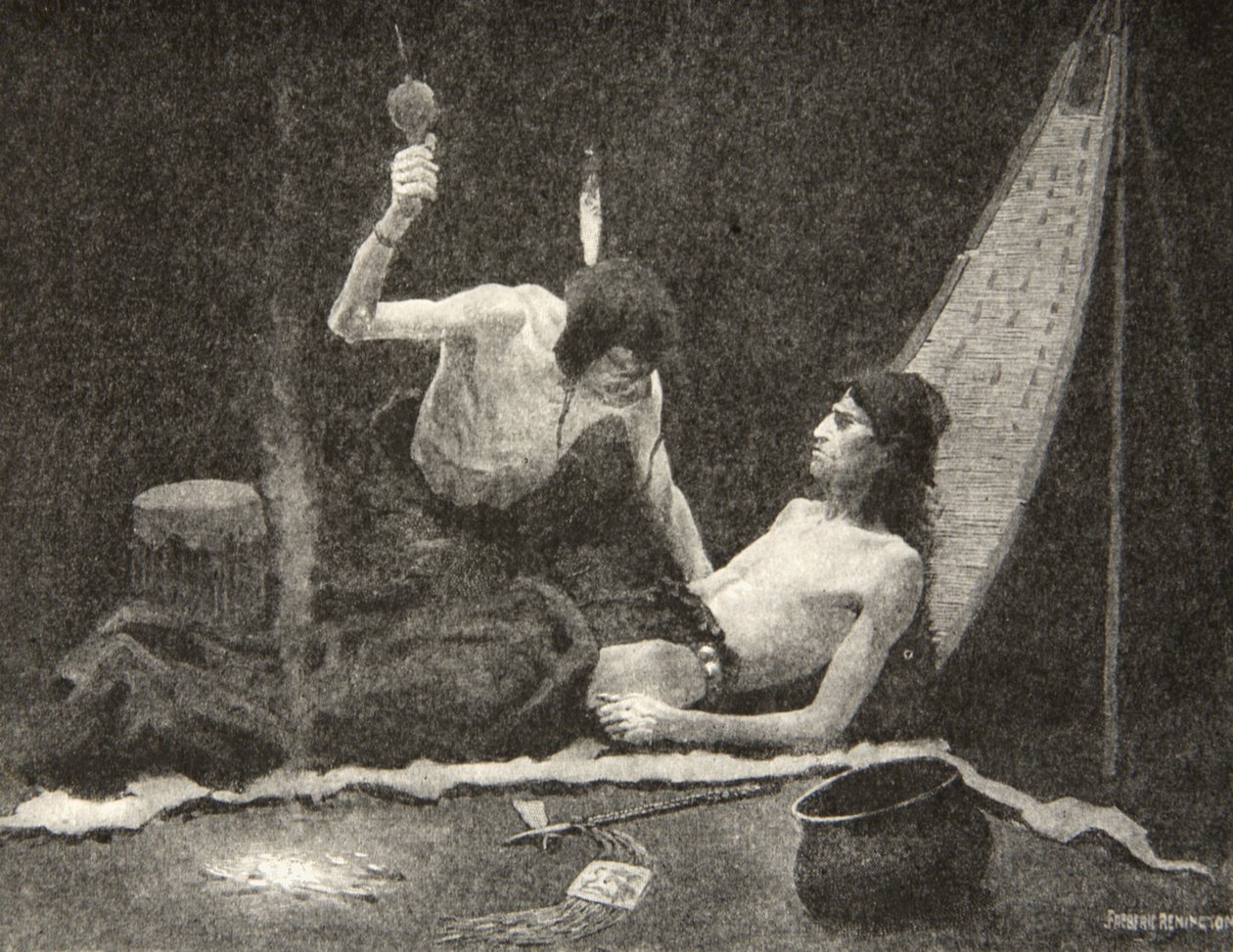 Jeg kan blåse deg sterkt, min bror, jeg kan helbrede deg, Hiawatha!, fra The Song of Hiawatha av Henry Wadsworth Longfellow (1807-82), pub. av George G. Harrap und Company Ltd., 1911 av Frederic Remington
