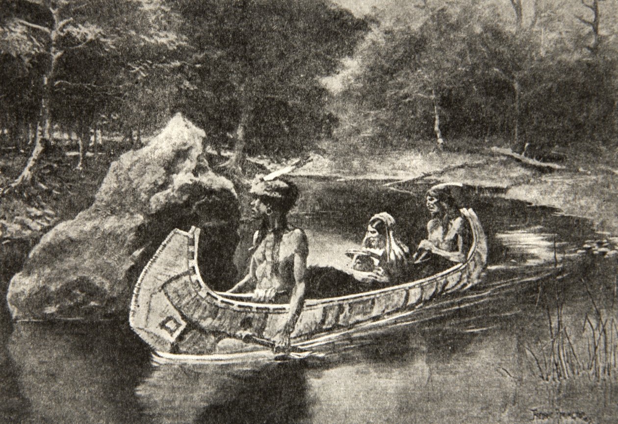 Kastet den helt ned i elven... Der den fortsatt er sett om sommeren, fra The Song of Hiawatha av Henry Wadsworth Longfellow (1807-82), pub. av George G. Harrap und Company Ltd., 1911 av Frederic Remington