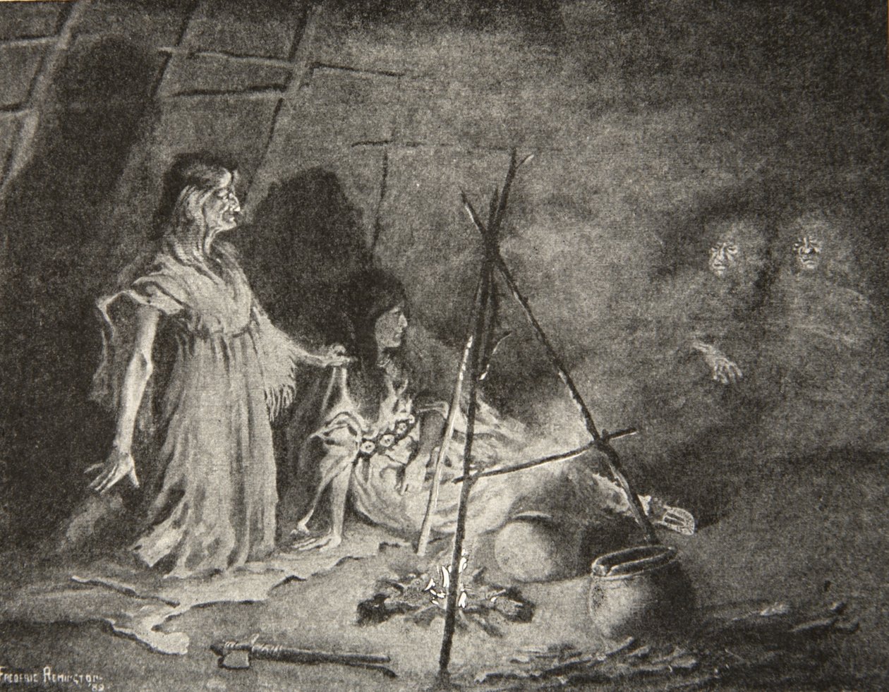 Satt ned i det fjerneste hjørnet, Crouching low among the shadows, fra The Song of Hiawatha av Henry Wadsworth Longfellow (1807-82), pub. av George G. Harrap und Company Ltd., 1911 av Frederic Remington