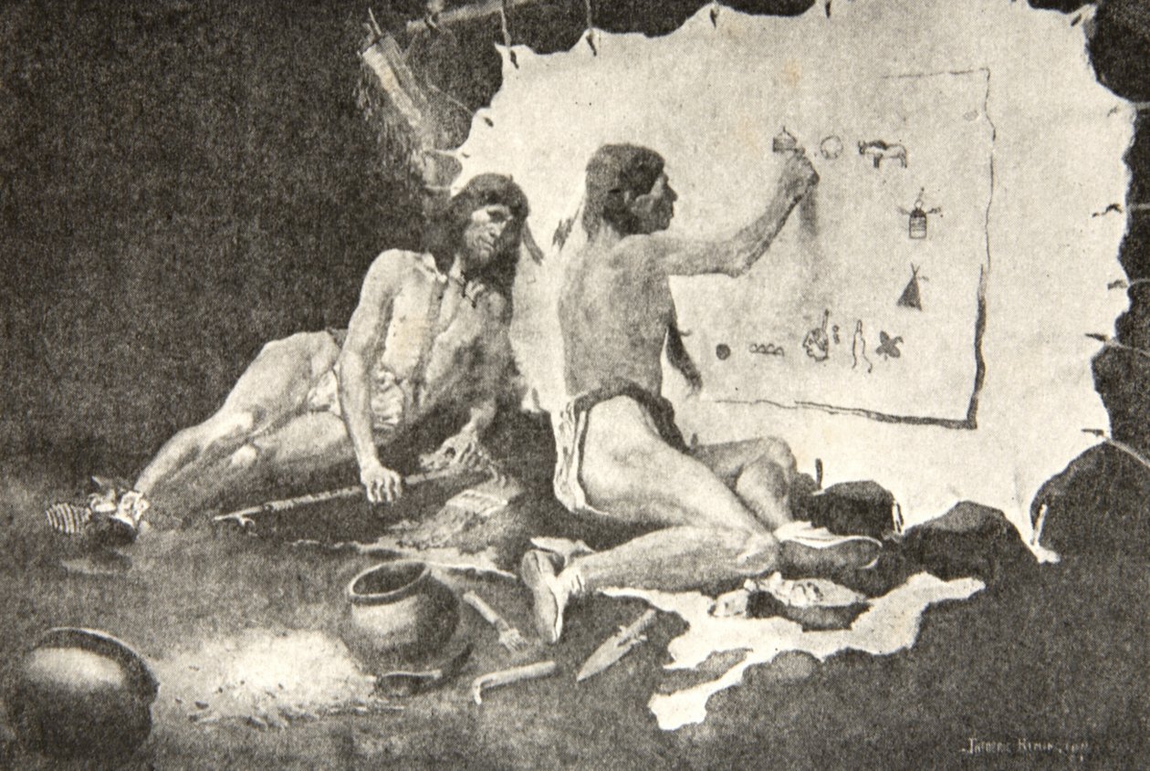 Som disse formene de malte, On the birch-bark and the deer-skin, fra The Song of Hiawatha av Henry Wadsworth Longfellow (1807-82), pub. av George G. Harrap und Company Ltd., 1911 av Frederic Remington