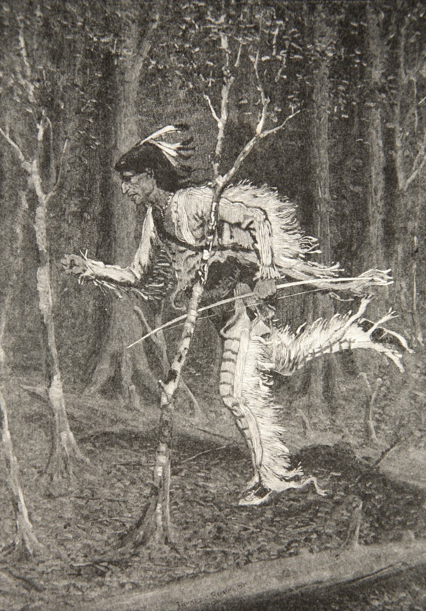 Gjennom busk, og bremse og skog, løp den utspekulerte Pau-Puk-Keewis, fra The Song of Hiawatha av Henry Wadsworth Longfellow (1807-82), pub. av George G. Harrap und Company Ltd., 1911 av Frederic Remington