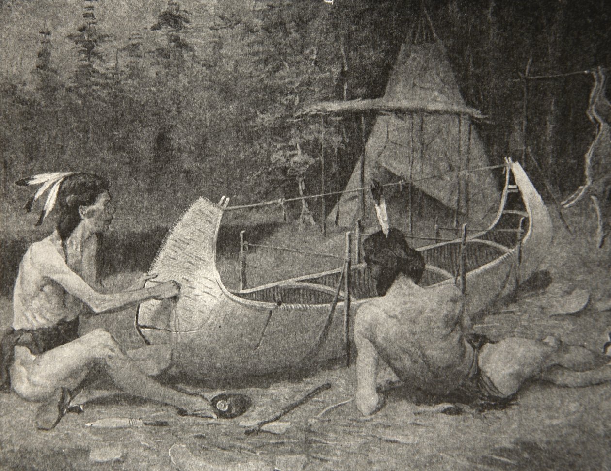 Dermed ble bjørkekanoen bygget... I skogens favn, fra The Song of Hiawatha av Henry Wadsworth Longfellow (1807-82), pub. av George G. Harrap und Company Ltd., 1911 av Frederic Remington