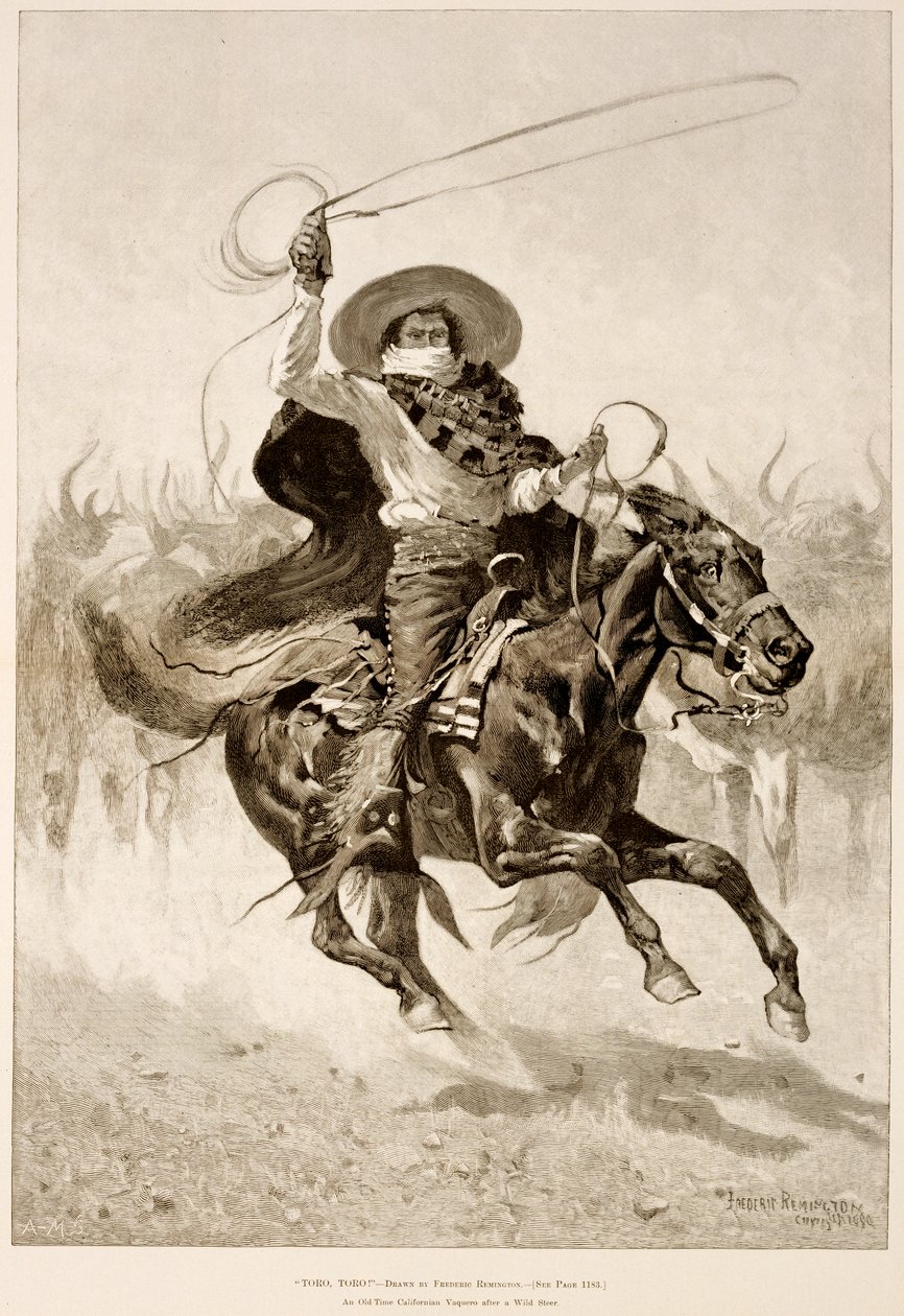 Toro, Toro!, en gammel kalifornisk Vaquero After a Wild Steer (tregravering på avispapir) av Frederic Remington