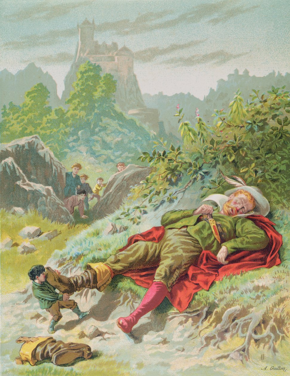 Tom Thumb fjerner Ogres støvler, illustrasjon for 