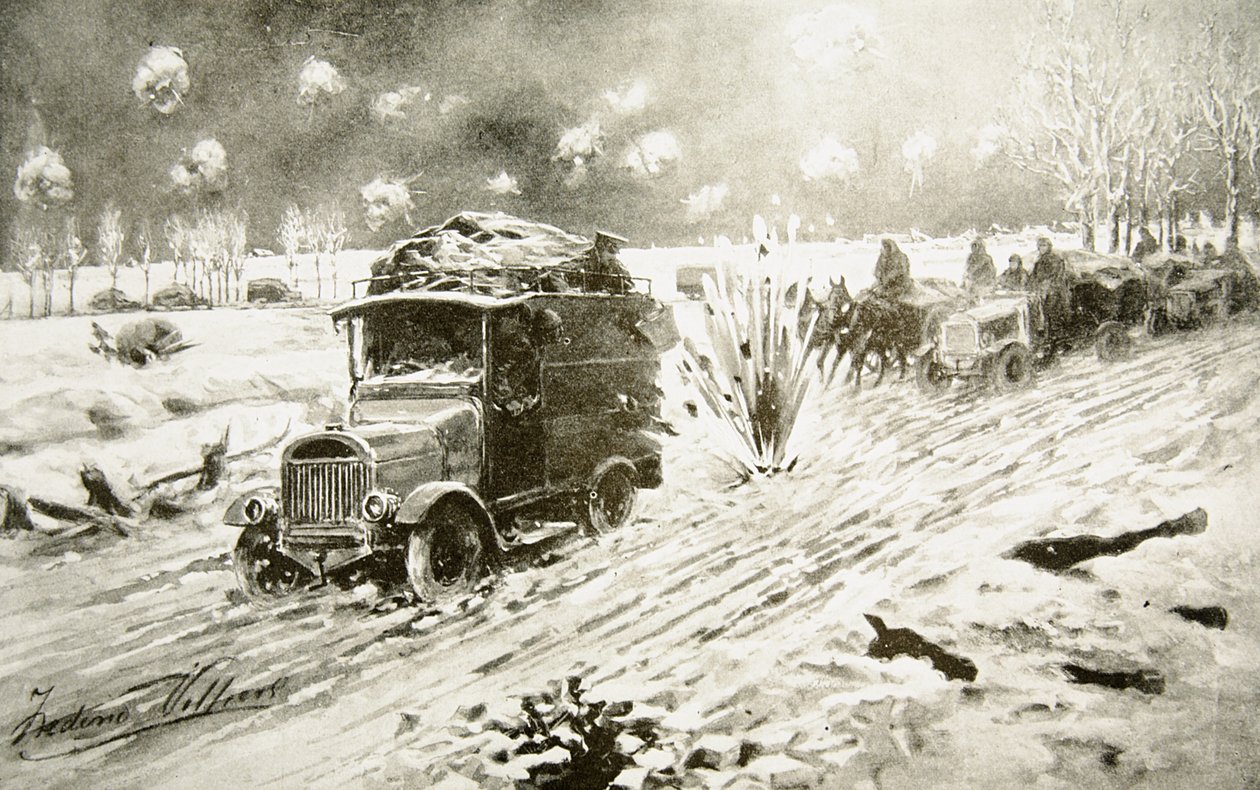 British Transport-tog på vei under kraftig granatild langs de snøbundne Ypres-veiene av Frederic Villiers