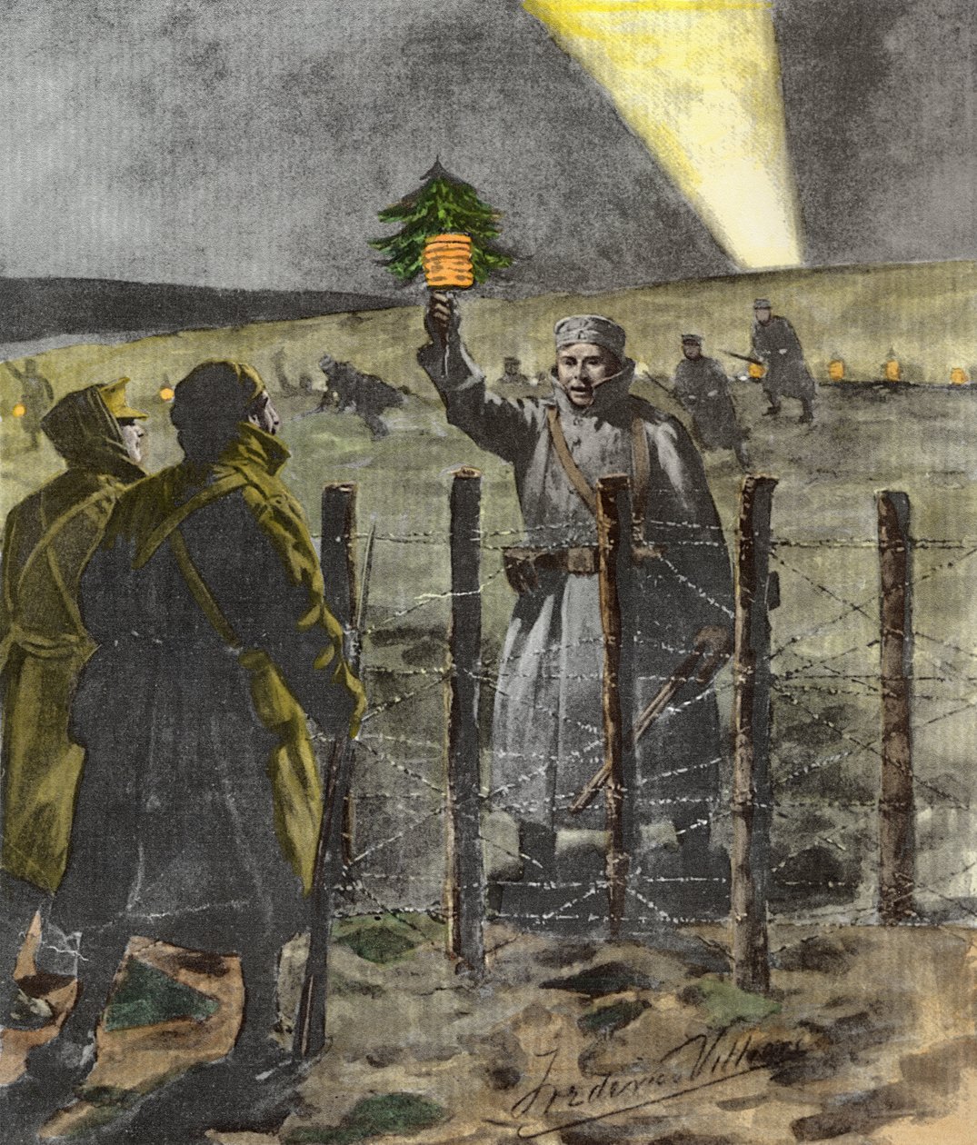 The Christmas Day Truce of 1914, publisert 1915 (senere fargelegging) av Frederic Villiers