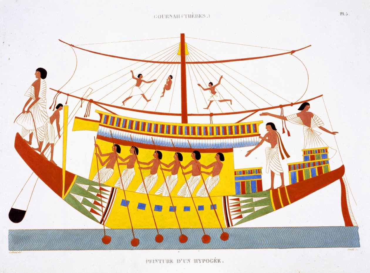 A Riverboat on the Nile, fra en sjelden registrering av fresker fra Theben, registrert 1819-1822 på sitt andre besøk i Egypt av Frederic Cailliaud (1787-1869), farge litho av Frederic (after) Cailliaud