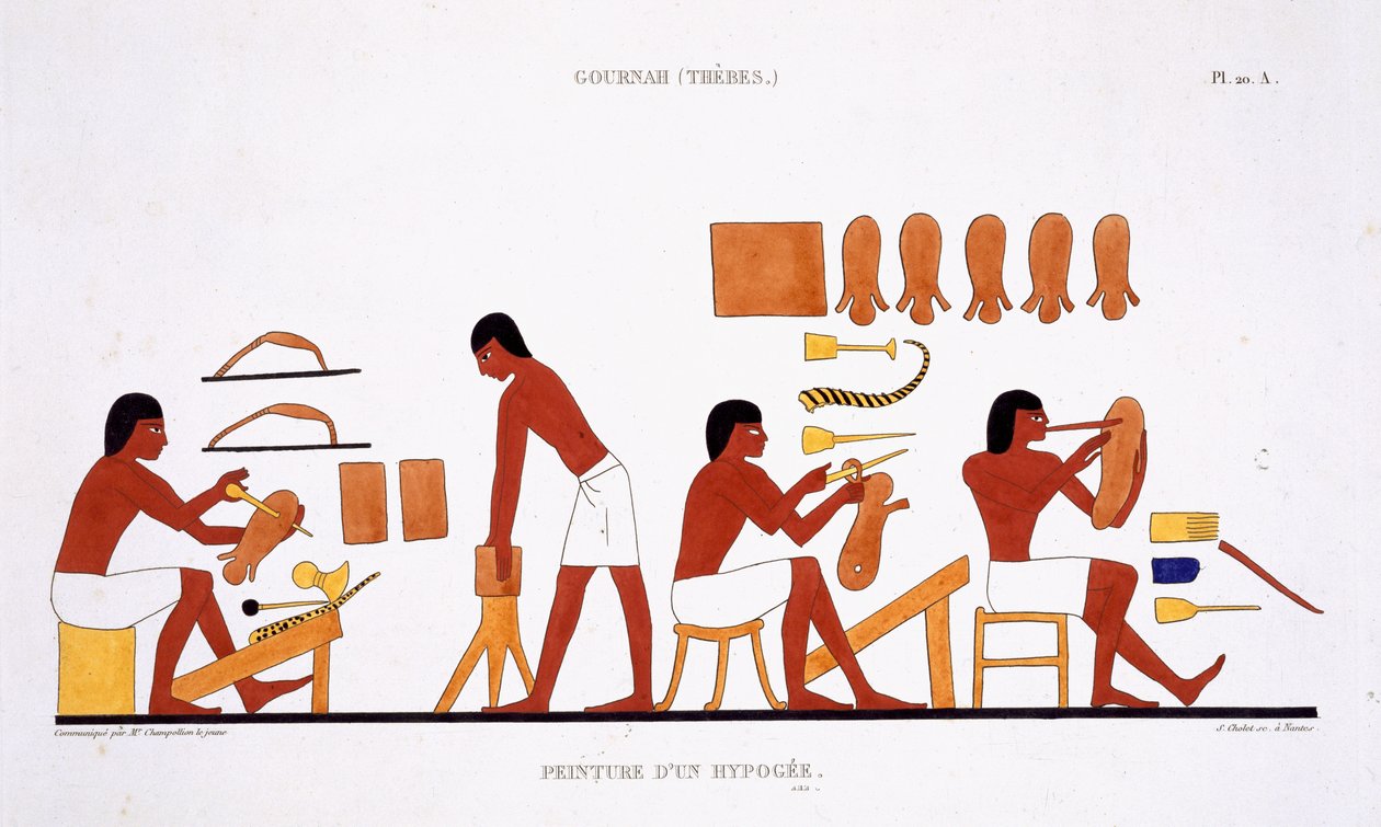 Leatherworkers from a Rare Record of Frescoes from Theben, registrert 1819-1822 på sitt andre besøk i Egypt av Frederic Cailliaud (1787-1869), farge litho av Frederic (after) Cailliaud
