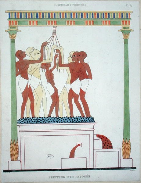 Pressing Grapes, kopi av et veggmaleri fra Theben, gravert av Smith (farge litho) av Frederic (after) Cailliaud