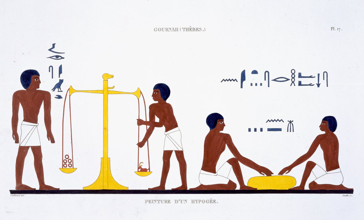 Rituals of Death (emne uklart), fra en sjelden registrering av fresker fra Theben, registrert 1819-1822 på sitt andre besøk i Egypt av Frederic Cailliaud (1787-1869) (farge litho) av Frederic (after) Cailliaud