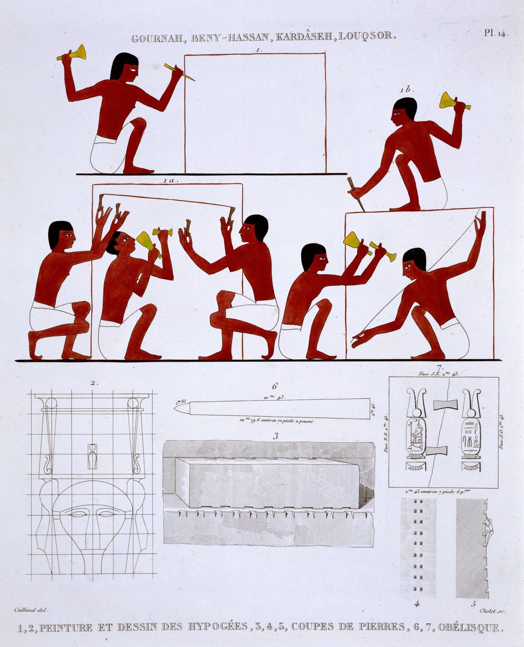 Stonehoggers at Work, fra en sjelden registrering av fresker fra Theben, registrert 1819-1822 på sitt andre besøk i Egypt av Frederic Cailliaud (1787-1869), farge litho av Frederic (after) Cailliaud
