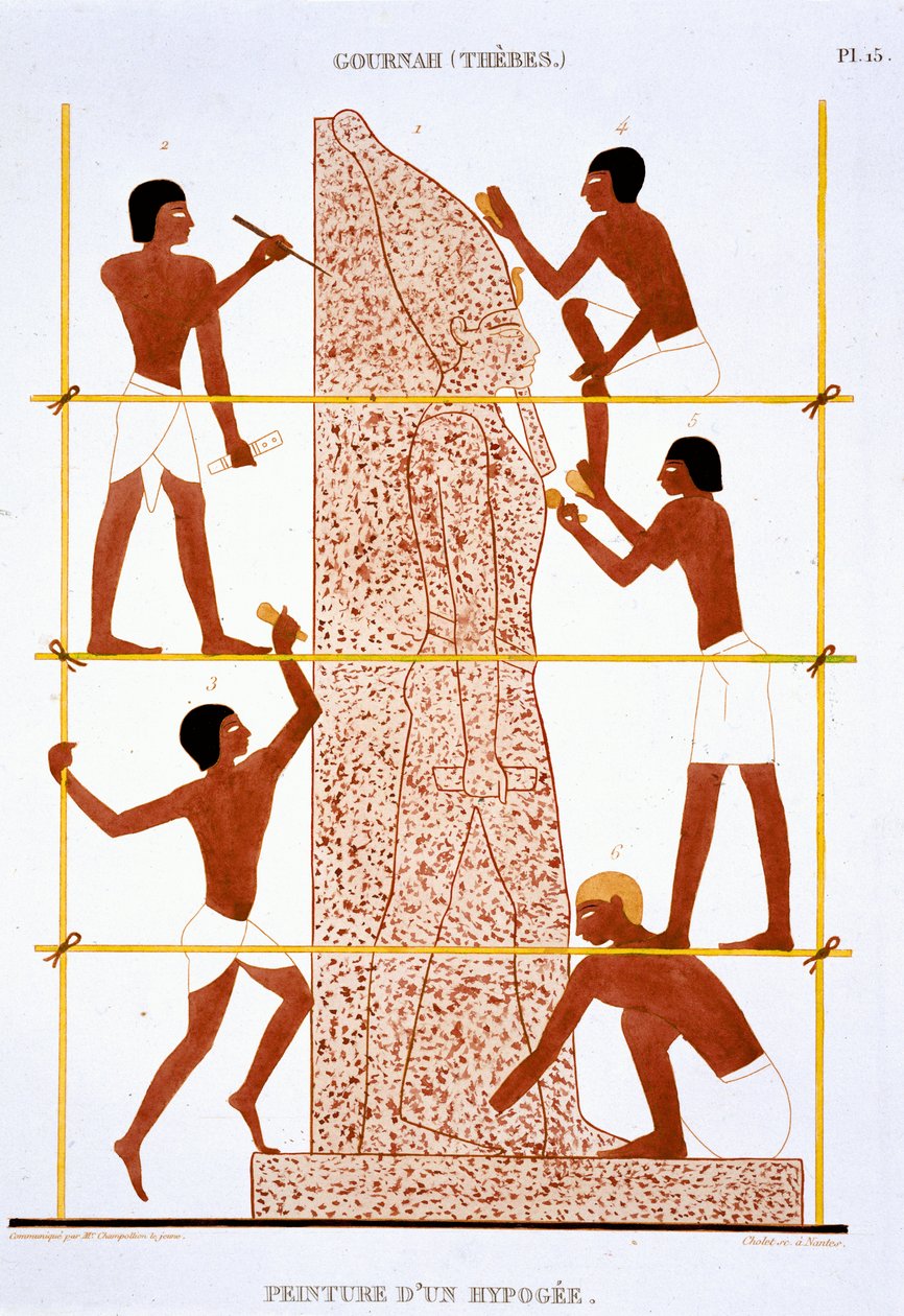 Steinhuggere lager kolossal statue av farao, fra en sjelden opptegnelse av fresker fra Theben, registrert 1819-1822 på sitt andre besøk i Egypt av Frederic (after) Cailliaud