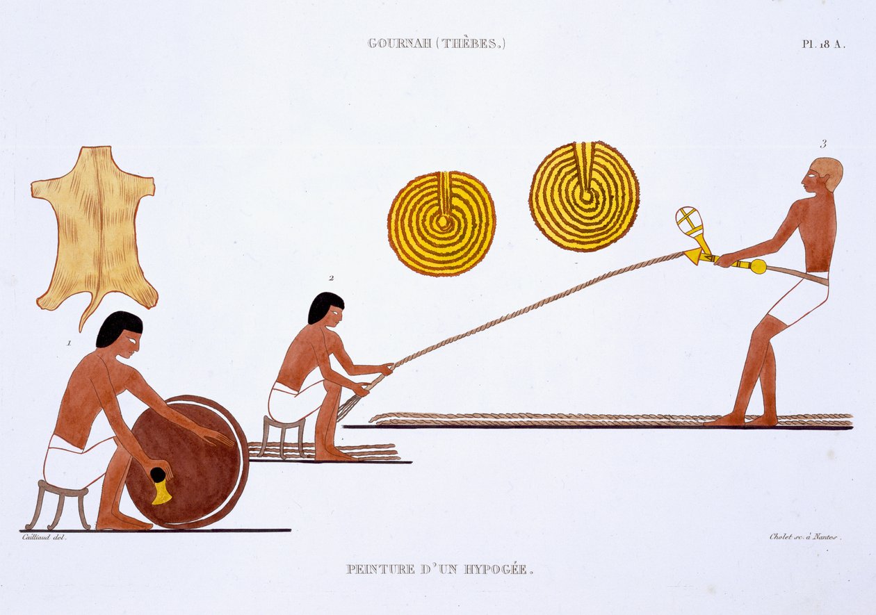 Tanner and Ropemaker, fra en sjelden registrering av fresker fra Theben, registrerte 1819-1822 på sitt andre besøk i Egypt av Frederic Cailliaud (1787-1869), farge litho av Frederic (after) Cailliaud