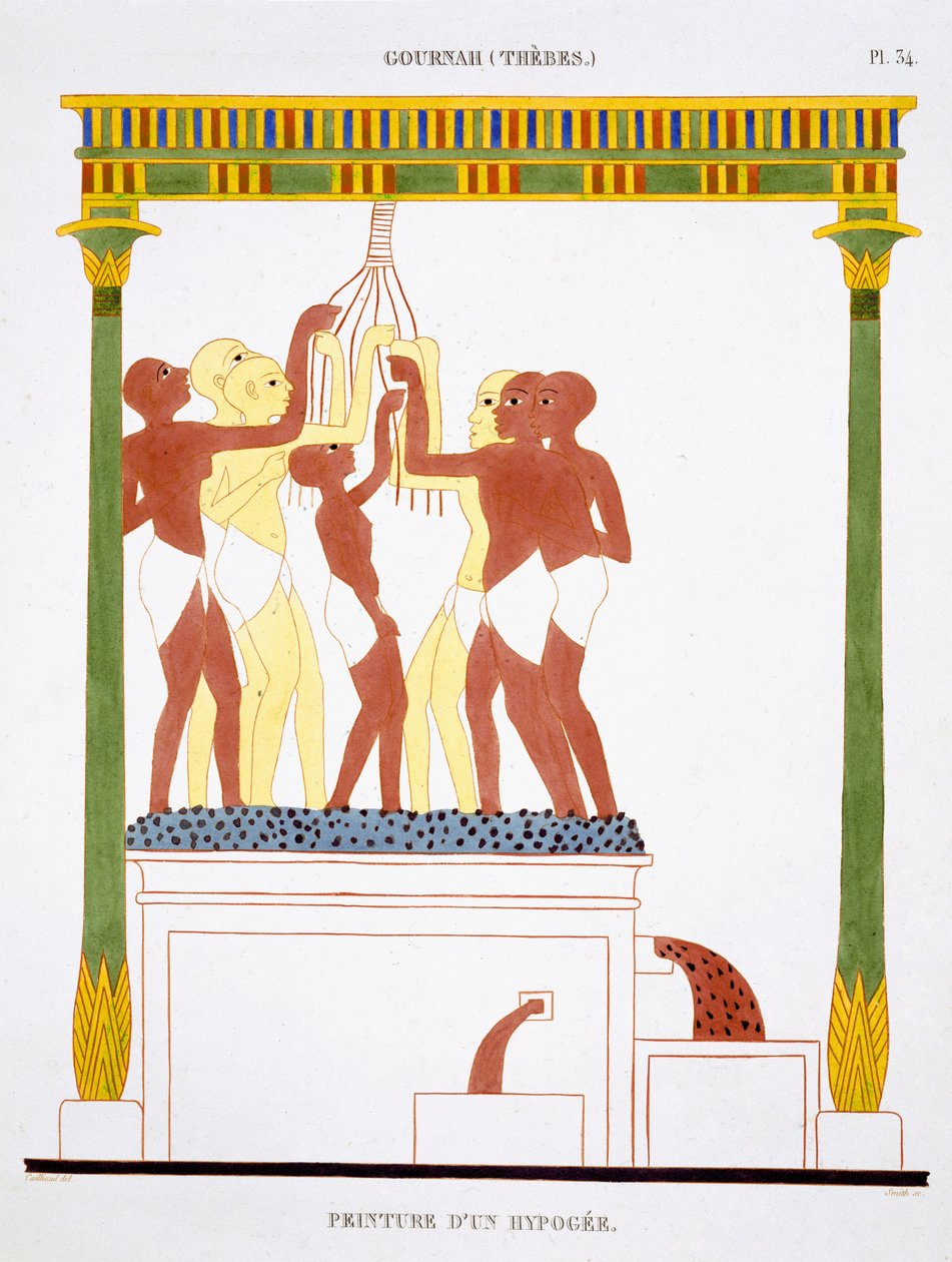 Treading Grapes, fra en sjelden registrering av fresker fra Theben, registrert 1819-1822 på sitt andre besøk i Egypt av Frederic Cailliaud (1787-1869), farge litho av Frederic (after) Cailliaud