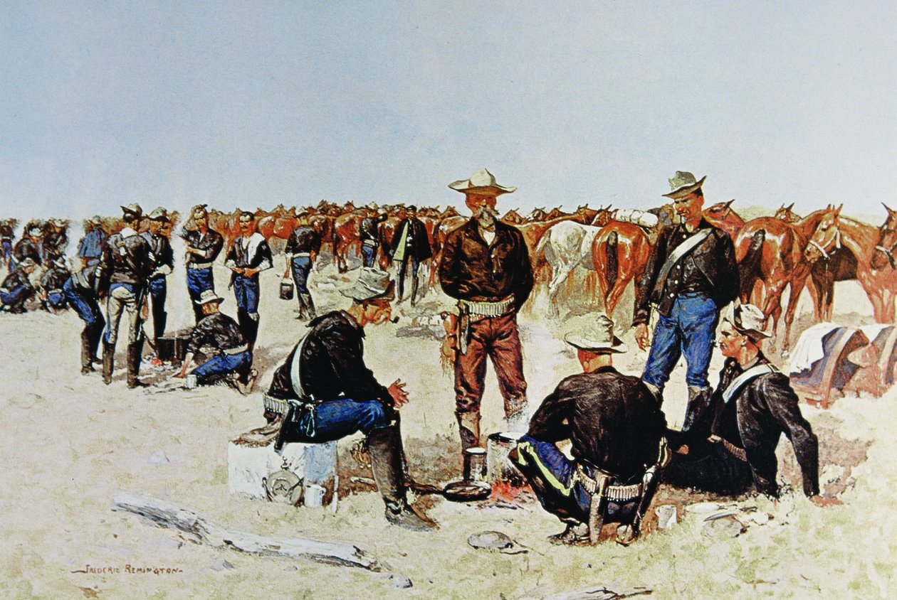 A Cavalryman's Breakfast on the Plains, fra et oljemaleri ca. 1890 (farge litho) av Frederic (after) Remington