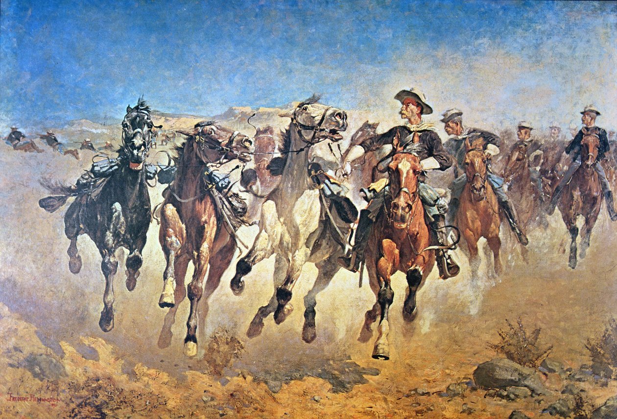 Demontert: 4th Troopers Moving, opprinnelig malt 1890 (farge litho) av Frederic (after) Remington