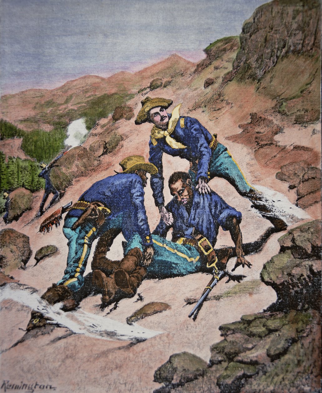 Redningen til korporal Scott under Geronimo-kampanjen i 1886 (farget gravering) av Frederic (after) Remington