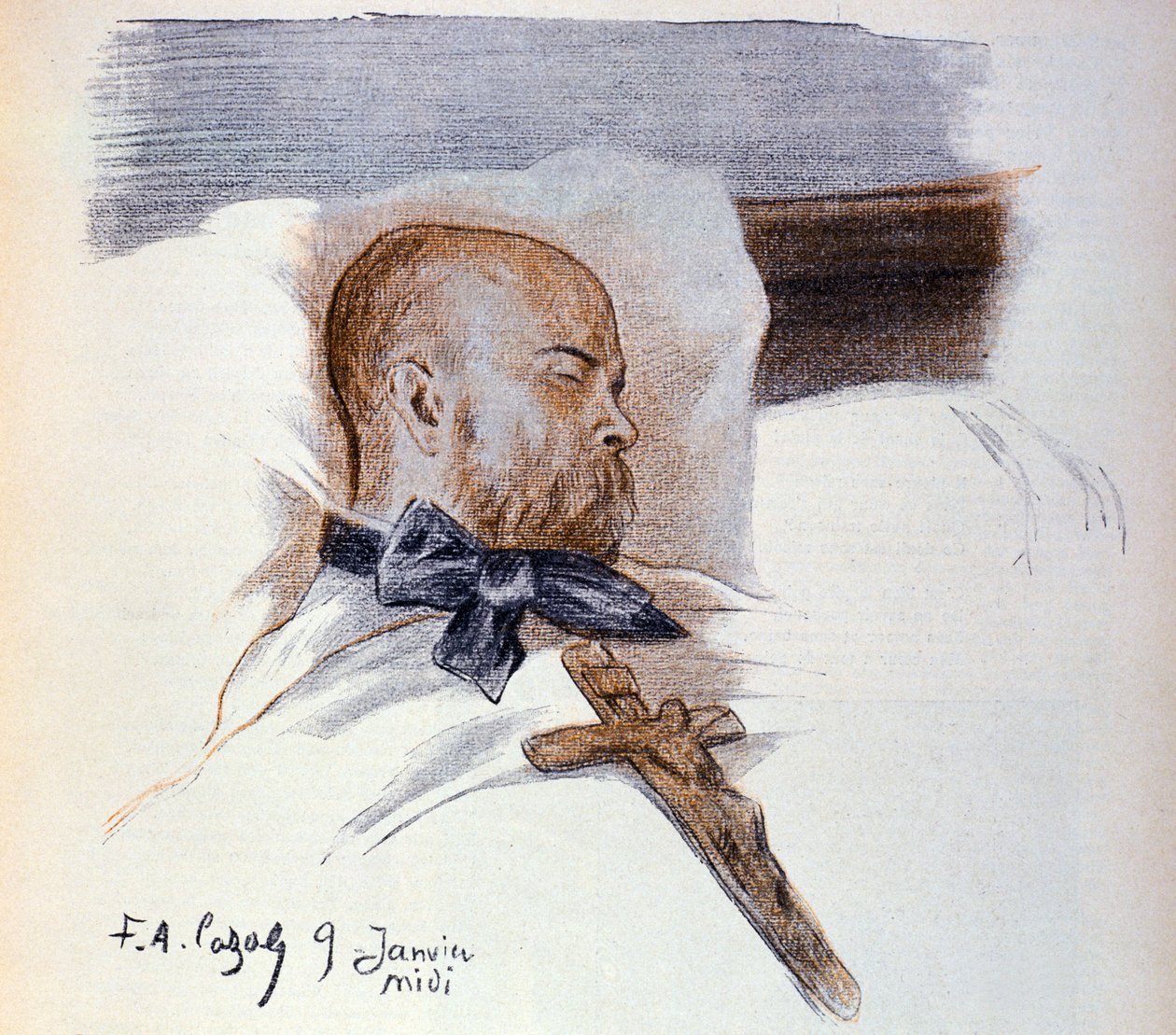 Den franske poeten Paul Verlaine (1844-1896) på dødsleie (tegning) av Frederic Auguste Cazals
