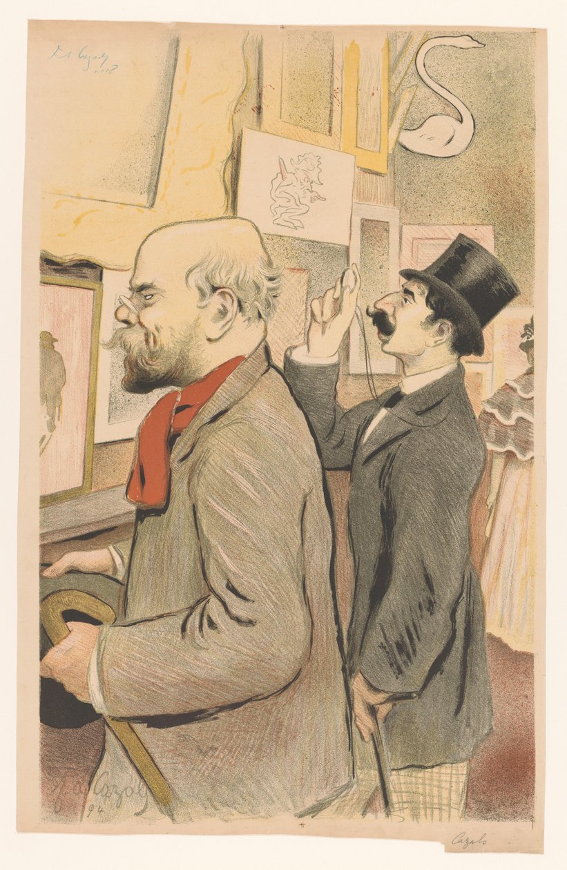 Verlaine og en ukjent mann ser på utskrifter av Frederic Auguste Cazals
