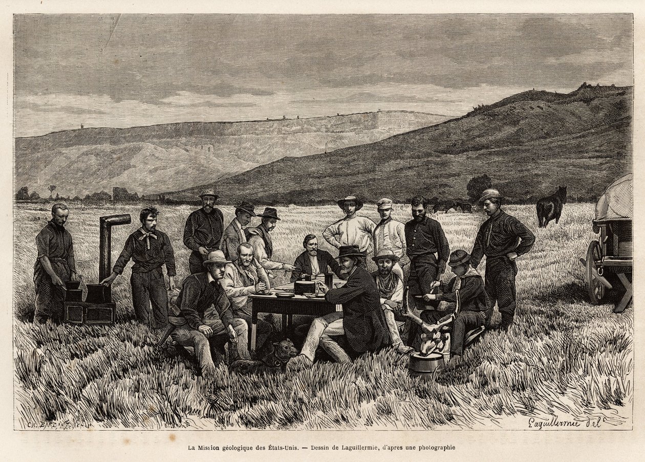 Det geologiske oppdraget til USA er ungt på sletten, etset etter tegningen av Laguillermie, som illustrerer et sett med geografiske oppdrag gjennom USAs nasjonalpark, fra 1870 til 1872, av herrene Hayden, Doane og Langford, publ. av Frederic Auguste Laguillermie