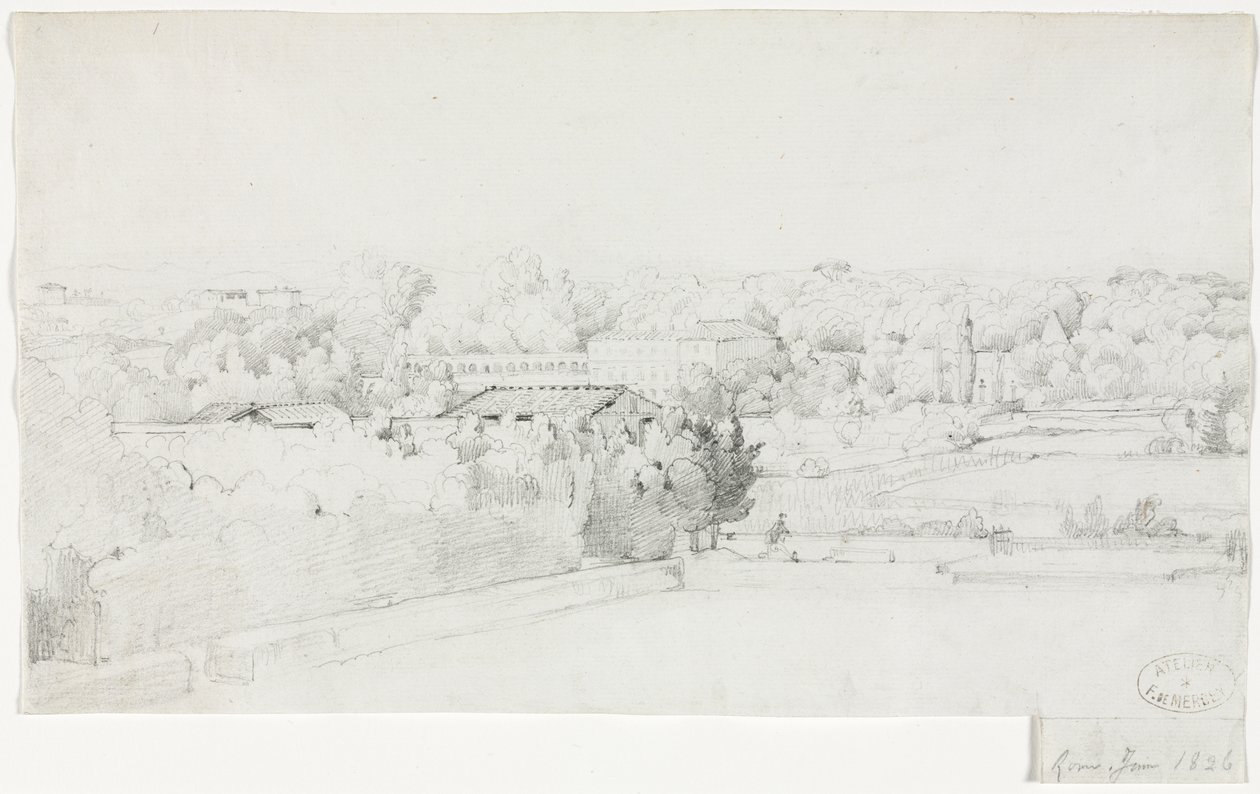 Utsikt over Villa Borghese og orangeriet fra Villa Medici av Frederic Bourgeois de Mercey