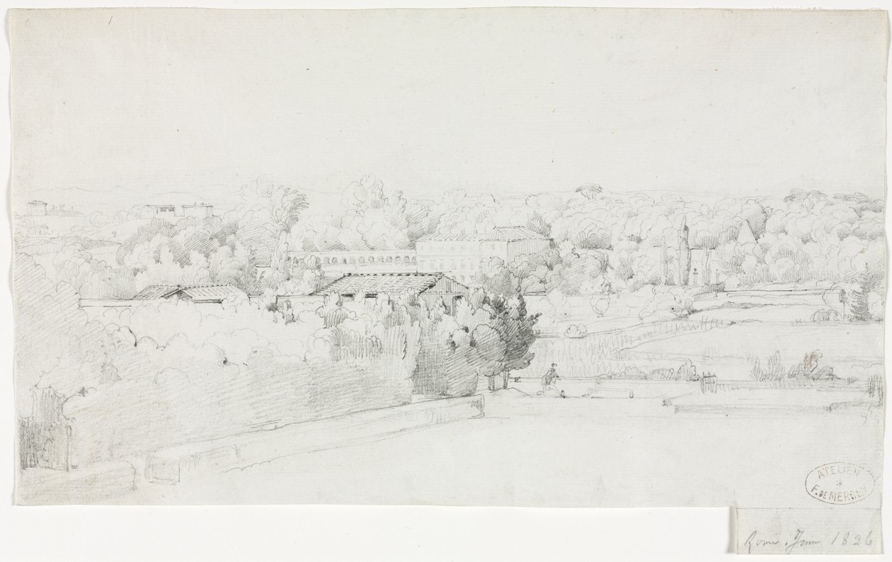Utsikt over Villa Borghese og dens Orangerie fra Villa Medici, 1826. av Frederic Bourgeois de Mercey