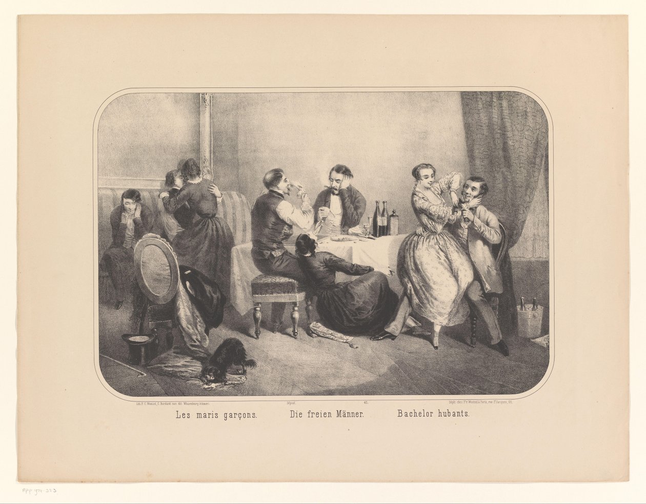 Gruppe av menn og kvinner i et interiør Les maris garçons / Die freien Männer / Bachelor hubants (tittel på objekt) av Frederic Charles Wentzel (possibly)