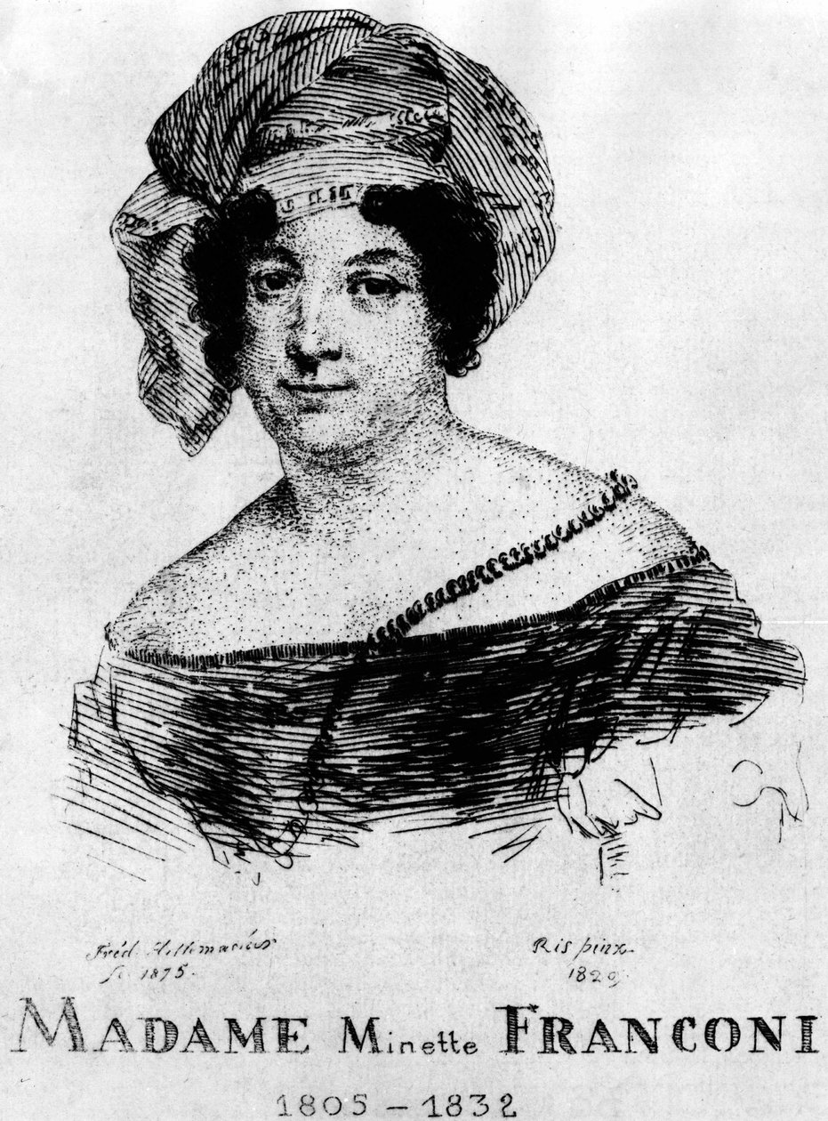 Circus: Eau forte av Frédéric Hillemacher, portrett av Mrs. Minette Franconi (1805-1832) - i "The Franconi Circus" ". av Frederic Desire Hillemacher