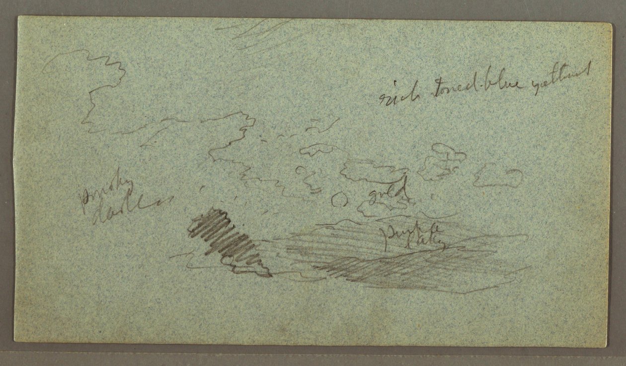 Tegning, skyer over åskjeden, lav sol, muligens 1874 av Frederic Edwin Church