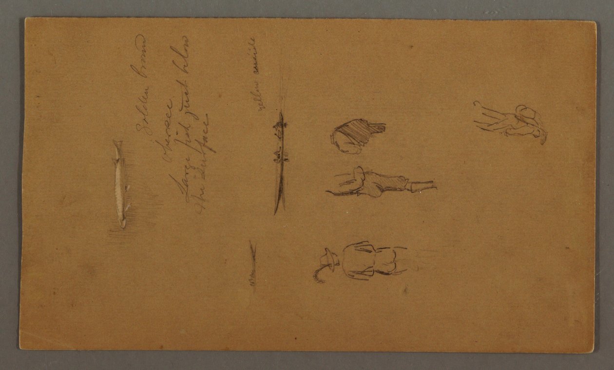 Tegning, figurstudier, figur i båt, fisk, muligens 1868 av Frederic Edwin Church