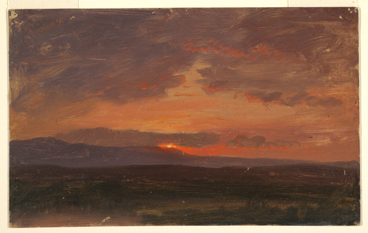 Tegning, Hudson Valley, New York med solnedgang bak Catskill-fjellene, 1855–65 av Frederic Edwin Church