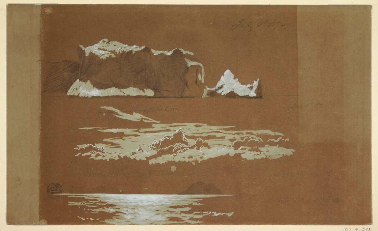 Tegning, isfjell nær Cape St. John og Gull Island, Newfoundland, 4. juli 1859 av Frederic Edwin Church