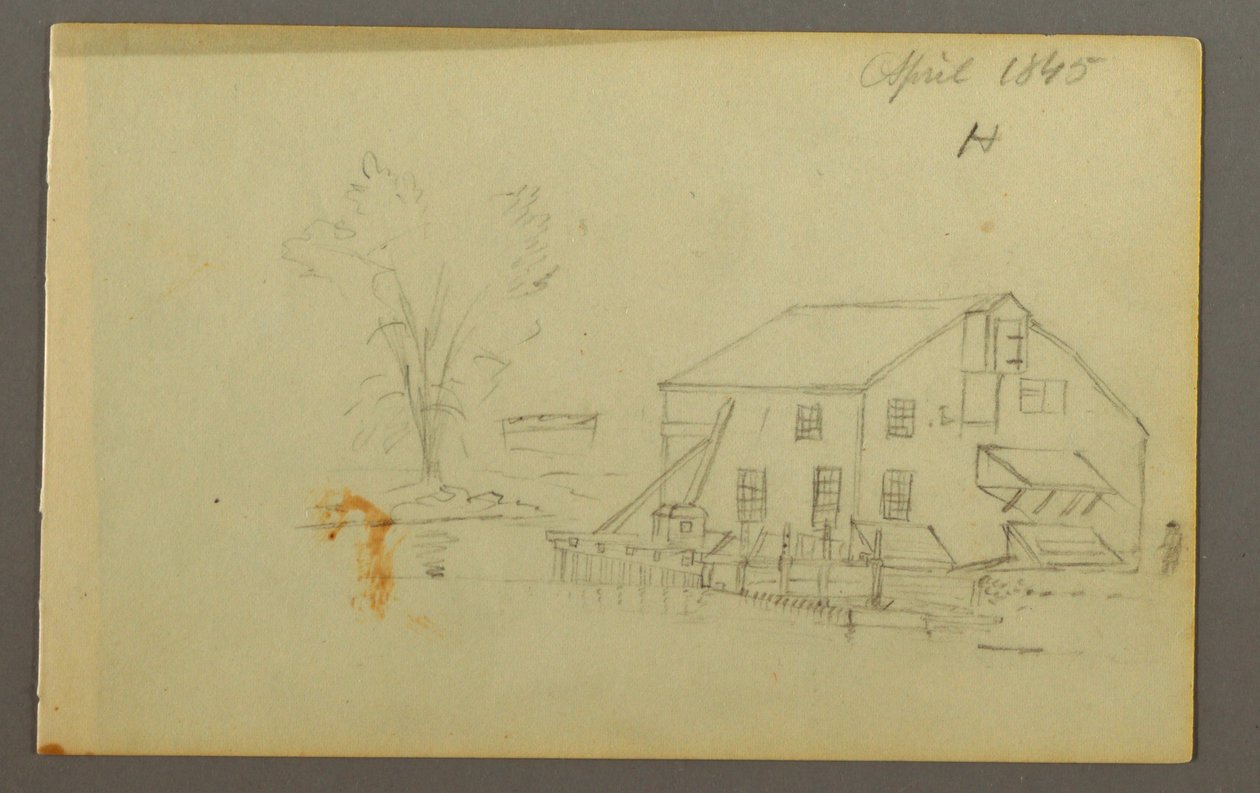 Tegning, Loftbygning med brygge ved en bekk, 1845 av Frederic Edwin Church