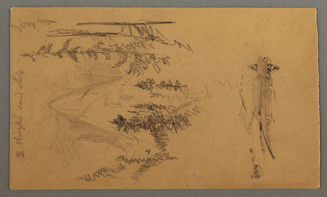 Tegning, Mann i båt, Rocky Peak over Pines, muligens 1868 av Frederic Edwin Church