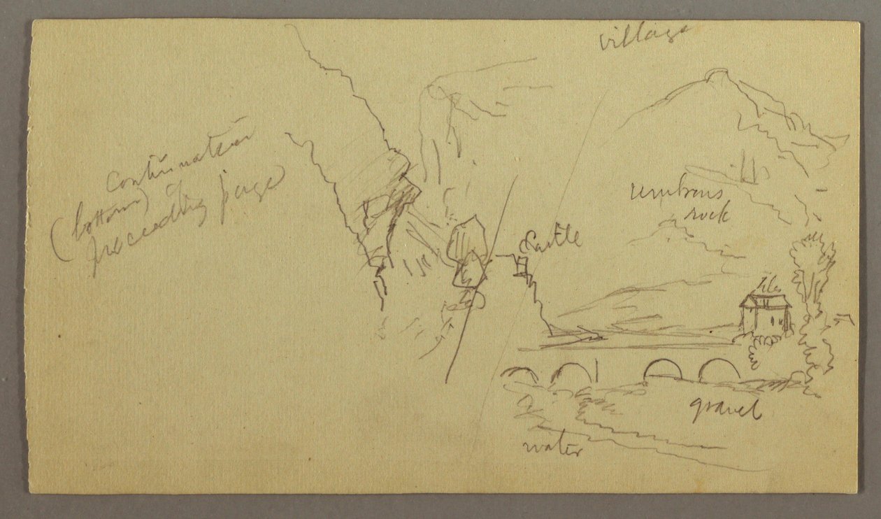 Tegning, fjelldal, bro, bygninger, muligens 1868–69 av Frederic Edwin Church